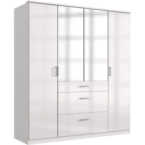 Armoire Placard, meuble de rangement avec 2 miroirs coloris blanc cassé, blanc - Longueur 179 x Hauteur 199 x Profondeur 58 cm
