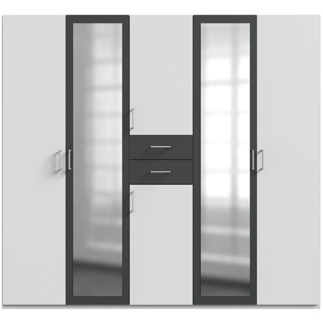 Armoire Placard, meuble de rangement avec 2 miroirs coloris Blanc, rechampis graphite - Longueur 225 x Hauteur 208 x Profondeur 58 cm