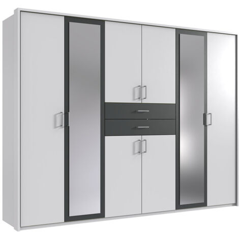 Armoire Placard, meuble de rangement avec 2 miroirs coloris Blanc, rechampis graphite - Longueur 270 x Hauteur 208 x Profondeur 58 cm