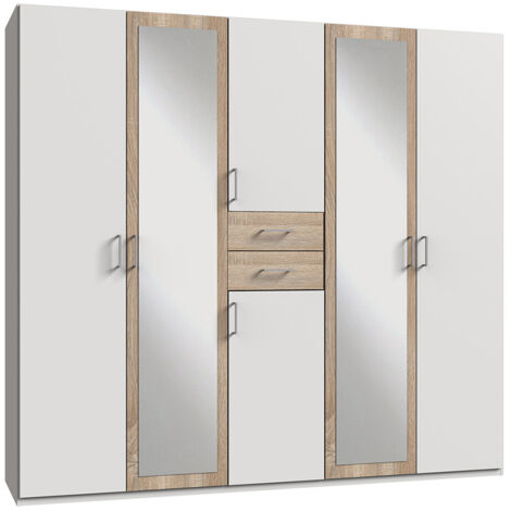 Armoire Placard, meuble de rangement avec 2 miroirs coloris Blanc, rechampis imitation chêne - Longueur 225 x Hauteur 208 x Profondeur 58 cm