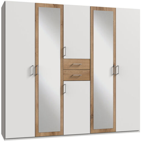 Armoire Placard, meuble de rangement avec 2 miroirs coloris Blanc, rechampis imitation chêne poutre - Longueur 225 x Hauteur 208 x Profondeur 58 cm