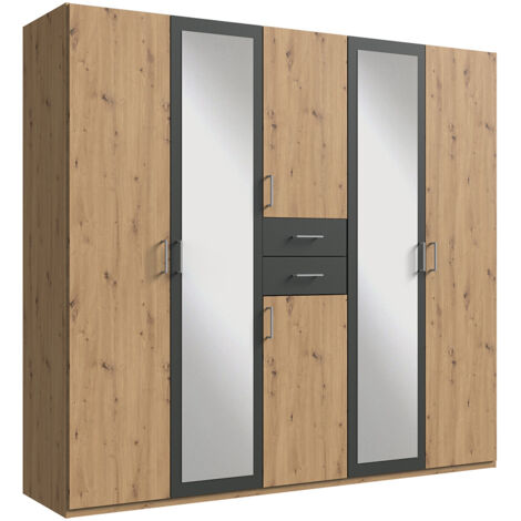 Armoire Placard, meuble de rangement avec 2 miroirs coloris Imitation chêne artisan, rechampis graphite - Longueur 225 x Hauteur 208 x Profondeur 58 cm