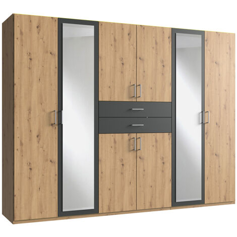 Armoire Placard, meuble de rangement avec 2 miroirs coloris Imitation chêne artisan, rechampis graphite - Longueur 270 x Hauteur 208 x Profondeur 58 cm