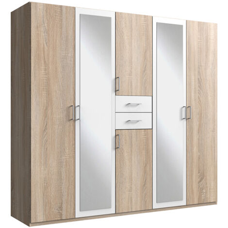Armoire Placard, meuble de rangement avec 2 miroirs coloris Imitation chêne, blanc - Longueur 225 x Hauteur 208 x Profondeur 58 cm