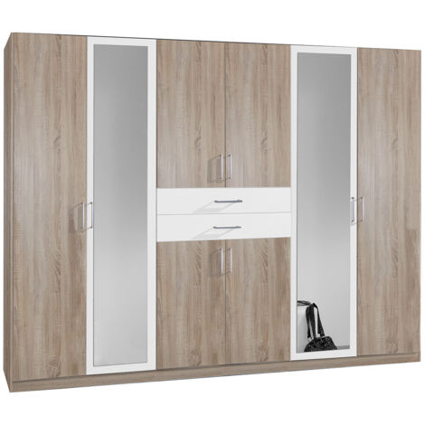 Armoire Placard, meuble de rangement avec 2 miroirs coloris Imitation chêne, blanc -  Longueur  270 x Hauteur 208 x Profondeur 58 cm