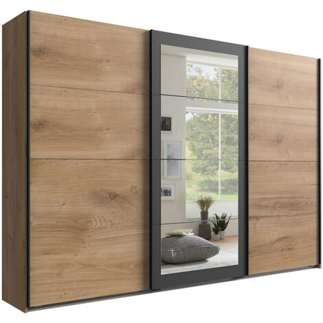 Armoire Placard, meuble de rangement avec 2 miroirs coloris Imitation chêne poutre, rechampis graphite - Longueur 270 x Hauteur 208 x Profondeur 58 cm