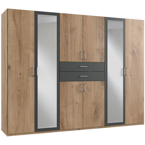 Armoire Placard, meuble de rangement avec 2 miroirs coloris Imitation chêne poutre, rechampis graphite - Longueur 270 x Hauteur 208 x Profondeur 58 cm
