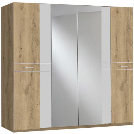 Armoire Placard, meuble de rangement avec 2 miroirs coloris Imitation chêne poutre + verre chrome - Longueur 225 x Hauteur 208 x Profondeur 58 cm