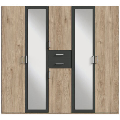 Armoire Placard, meuble de rangement avec 2 miroirs coloris Imitation chêne, rechampis graphite - Longueur 225 x Hauteur 208 x Profondeur 58 cm