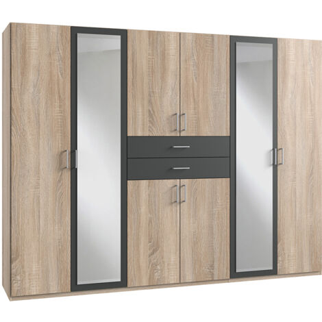 Armoire Placard, meuble de rangement avec 2 miroirs coloris Imitation chêne, rechampis graphite - Longueur 270 x Hauteur 208 x Profondeur 58 cm