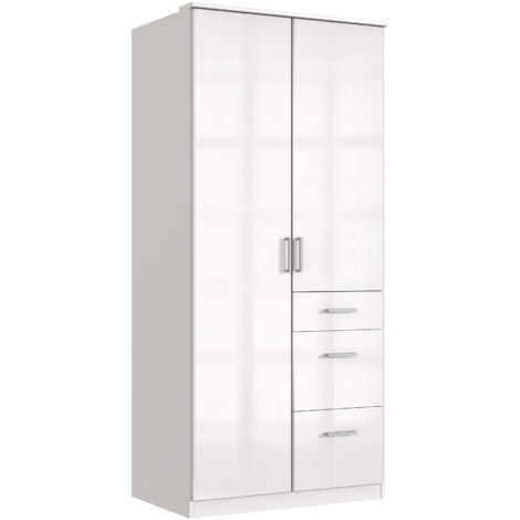 Armoire placard, meuble de rangement avec 2 portes et 3 tiroirs coloris blanc cassé, blanc - Longueur 91 x Hauteur 199 x Profondeur 58 cm