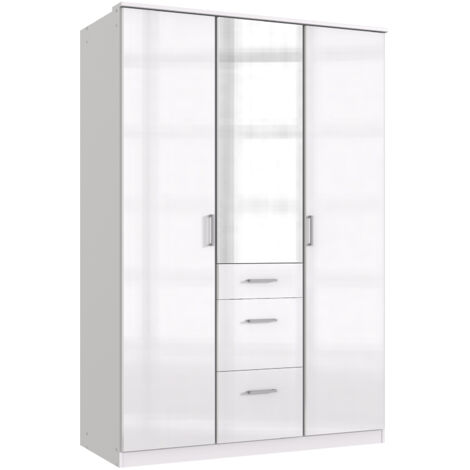 Armoire Placard, meuble de rangement avec miroir coloris blanc cassé, blanc - Longueur 135 x Hauteur 199 x Profondeur 58 cm