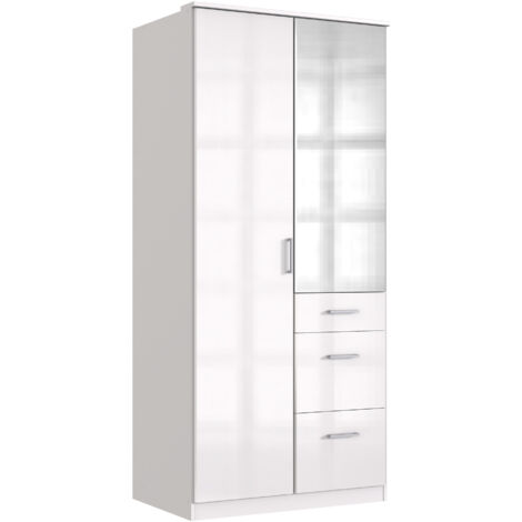 Armoire Placard, meuble de rangement avec miroir coloris blanc cassé, blanc  - Longueur 91 x Hauteur 199 x Profondeur 58 cm