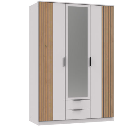 Armoire Placard, meuble de rangement avec miroir coloris blanc, rechampis imitation chêne artisan -longueur 135 x hauteur 199 x profondeur 58 cm