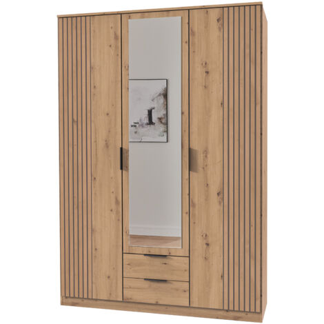 Armoire Placard, meuble de rangement avec miroir coloris rechampis imitation chêne artisan - longueur 135 x hauteur 199 x profondeur 58 cm