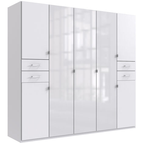 Armoire Placard, meuble de rangement coloris blanc et verre coloris blanc - Longueur 225 x Hauteur 208 x Profondeur 58 cm