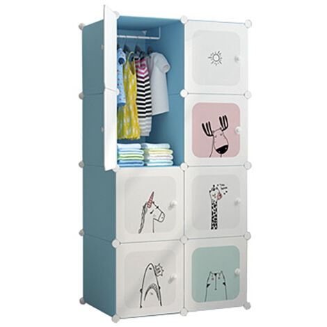 Armoire plastique pour Enfants, Penderie pour le stockage de vêtements/accessoires/livres, Étagère de rangement DIY, 8 cubes, bleu