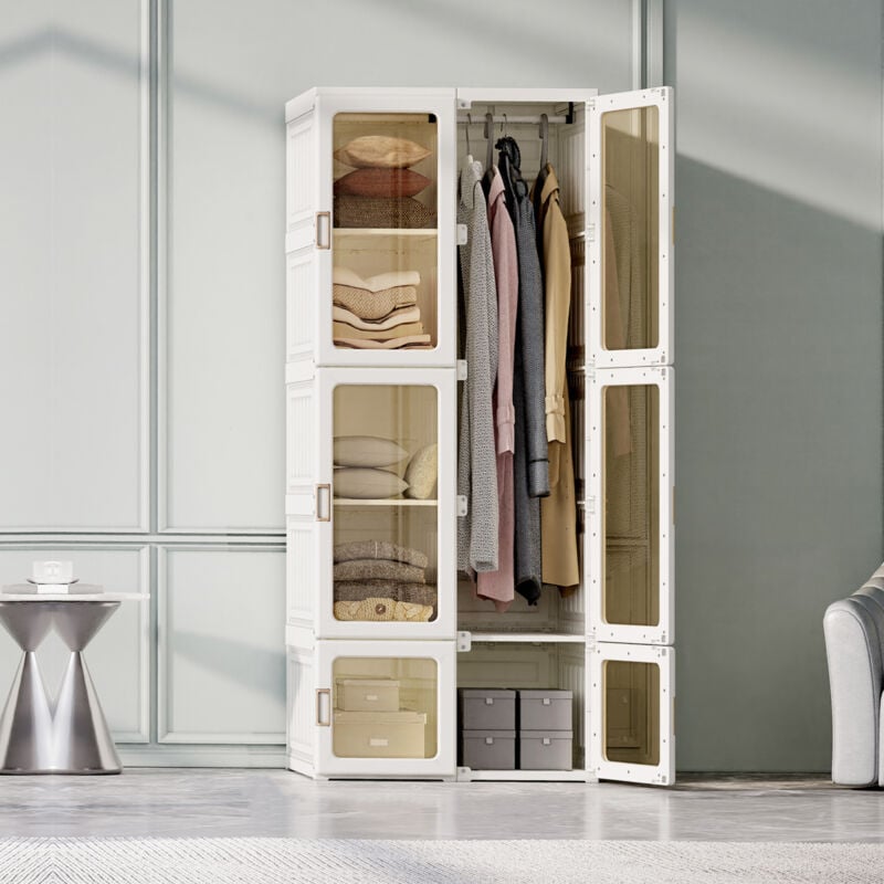 Armoire pliable, Armoires portables avec porte transparente, Armoire vêtements, penderie 50 cm profondeur, 6 compartiments 1 suspension, 69x50x170cm,