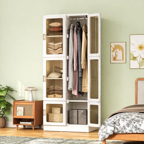 Armoire pliante 69x50x170 cm avec 6 portes transparentes, 10 compartiments et 5 séparateurs internes, en PP blanc, meuble de rangement pour chambre