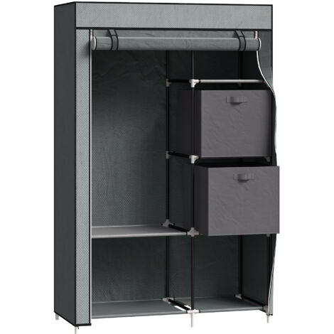 Armoire pliante en tissu avec tiroirs et porte-linge gris foncé avec fermeture éclair non tissée pour un rangement économique