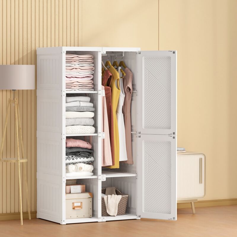 Armoire Pliante Portable 6 Portes, 8 Compartiments et 1 Tringle - Blanc - 136x69x50 cm - Grande Capacité 470L
