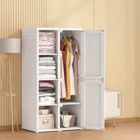 Armoire Pliante Portable 6 Portes, 8 Compartiments et 1 Tringle - Blanc - 136x69x50 cm - Grande Capacité 470L