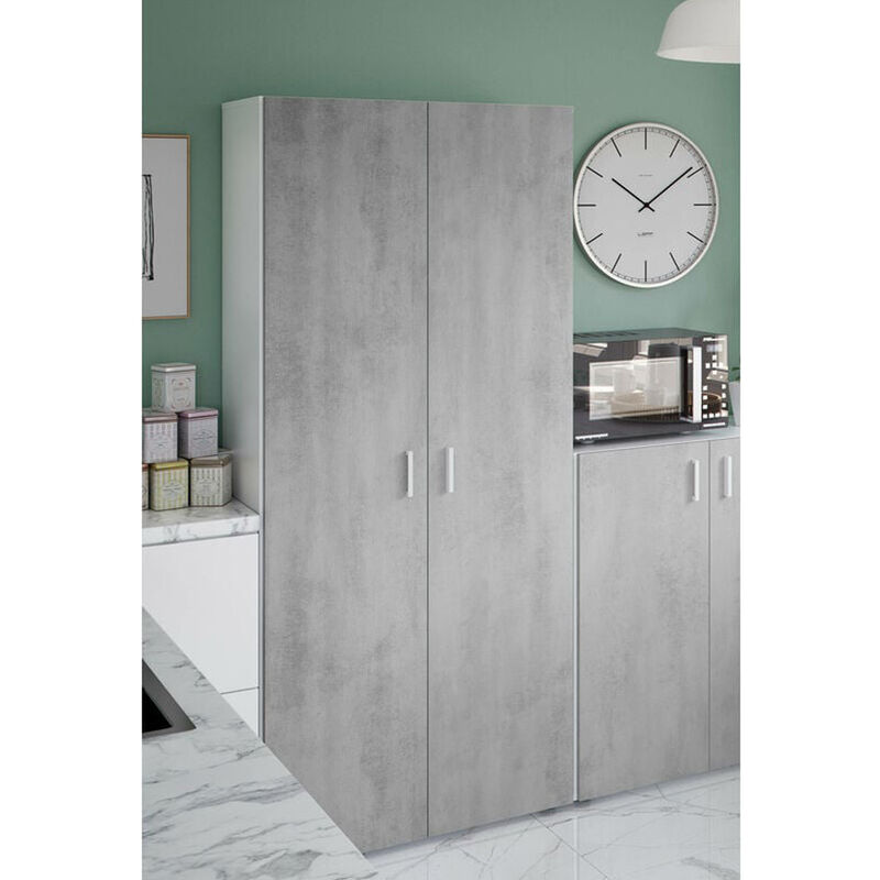 Armoire polyvalente pour placard, armoire à balais avec 2 portes battantes et 3 étagères, Cm 80x37h182, couleur Ciment et Blanc