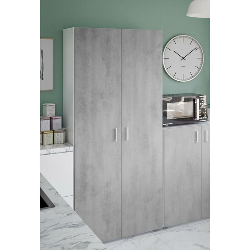 Habitdesign - Armoire polyvalente pour placard, armoire à balais avec 2 portes battantes et 3 étagères, Cm 80x37h182, couleur Ciment et Blanc