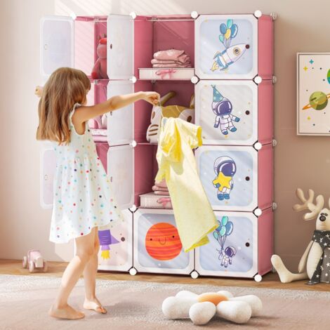 Armoire Portable pour Enfants 12 Cubes avec 2 Sections Penderie Organisateur de Rangement pour Enfants pour Chambre D'enfant Rose