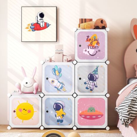 Armoire Portable pour Enfants à 8 Cubes avec Portes & Section Penderie Étagère Modulaire en Cube de Dessin Animé Meuble à Tiroirs Blanc