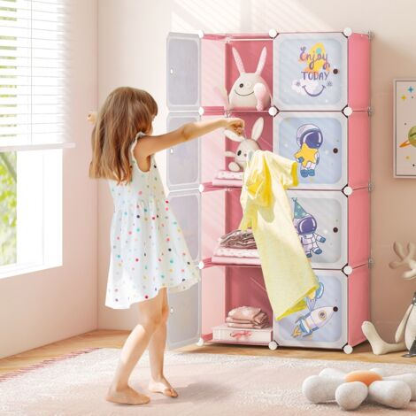 Armoire Portable pour Enfants à 8 Cubes avec Portes & Section Penderie Étagère Modulaire en Cube de Dessin Animé Meuble à Tiroirs Rose