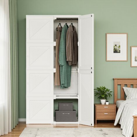Armoire portable,69 x 170 x 50 cm， armoire multifonctionnelle pliable avec tringle à vêtements et porte magnétique, adaptée au salon, à la chambre, à l'appartement, blanche (livraison locale, garantie