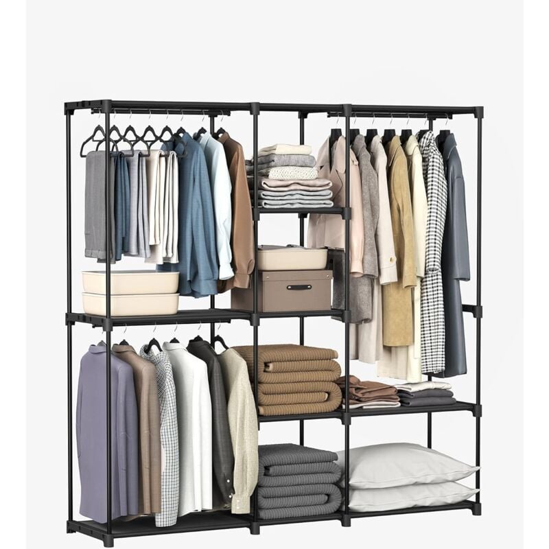 Armoire, Porte-vêtements, Penderie, avec Tringles, Dressing, Étagères en Tissu, Cadre en Métal, 43 x 182 x 182 cm, Noir RYG037B02