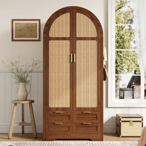 Armoire portes cintrées 179 cm, Garde-robe avec 4 tiroirs - Rangement abondant et cintres, touches osier, style bois, pour chambre/entrée - Marron