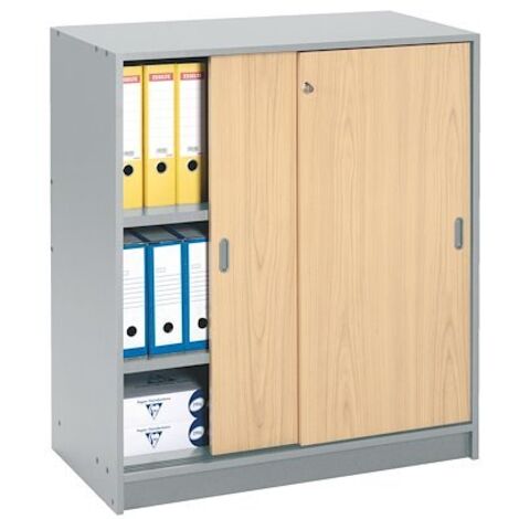 Armoire portes coulissantes 100x90 cm corps gris aluminium - portes hêtre - Maxiburo