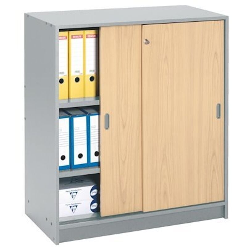 Sans Marque - Armoire portes coulissantes 100x90 cm corps gris aluminium - portes hêtre - Maxiburo