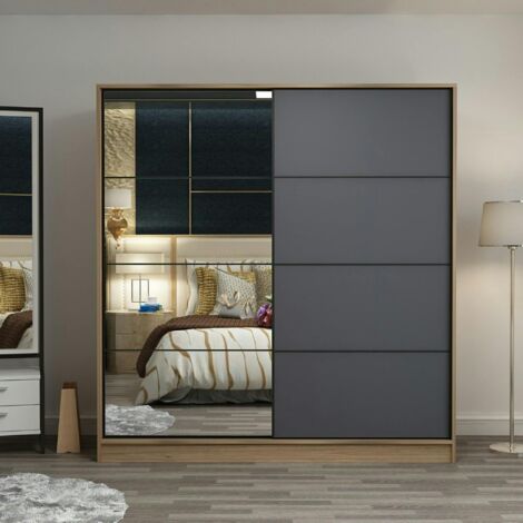 Armoire portes coulissantes effet bois & gris, 1 miroir BYRON