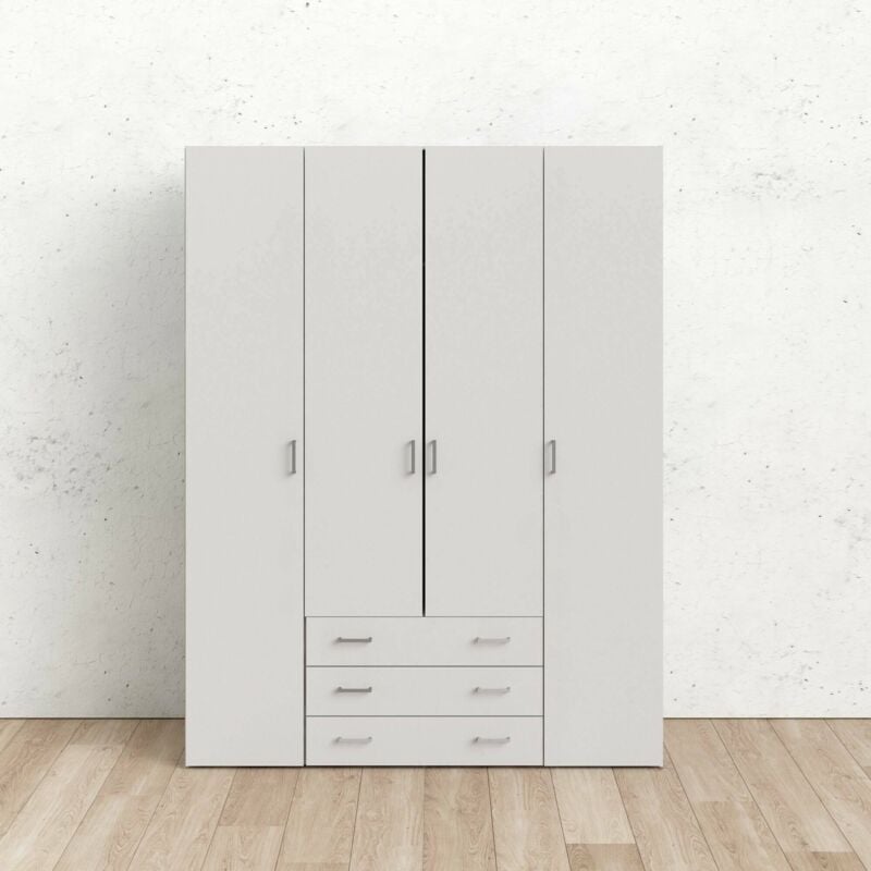 Armoire à quatre portes et trois tiroirs, couleur blanche, Dimensions 154 x 200 x 49 cm