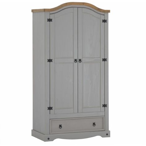 Armoire RAMON penderie pour vêtements en pin massif gris et brun avec 2 portes et 1 tiroir, meuble de chambre style mexicain en bois - Gris/Naturel