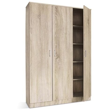 MEUBLORAMA Armoire REY – 3 portes – Chêne clair – 5 étagères – Style scandinave