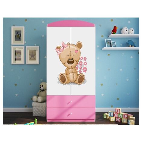 Armoire rose 2 portes enfant ourson et fleurs Drimy