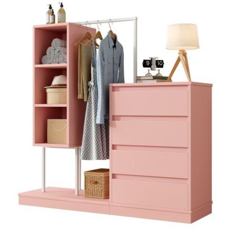Armoire rose avec commode et tringle, 140×40×135 cm, pour chambre