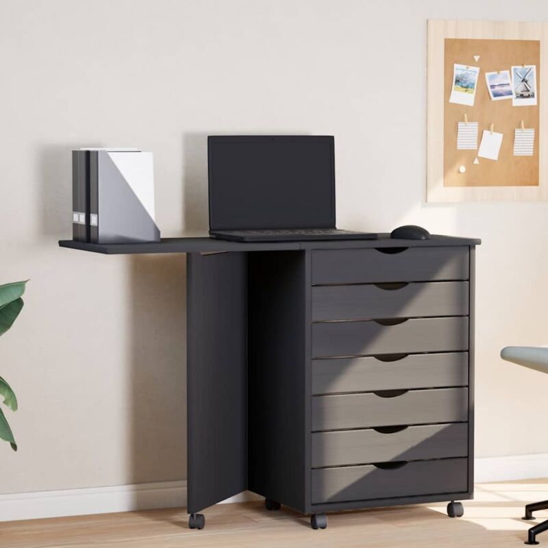 Armoire roulante avec bureau MOSS gris bois de pin solide