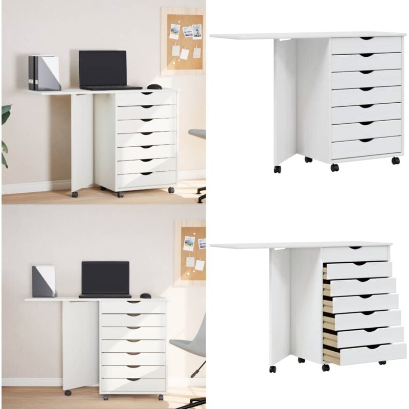 Armoire roulante avec bureau moss blanc bois de pin solide - Meuble De Rangement - Armoire Mobile - Bureau Roulant - Commode - Classement - Home &