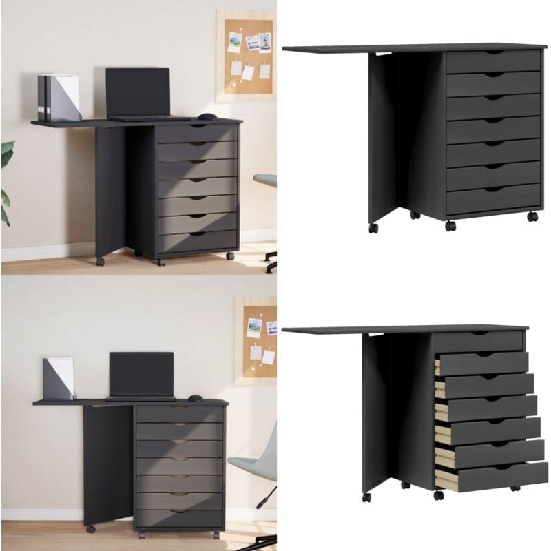 Armoire roulante avec bureau moss gris bois de pin solide - Meuble De Rangement - Armoire Mobile - Bureau Roulant - Commode - Classement - Home &