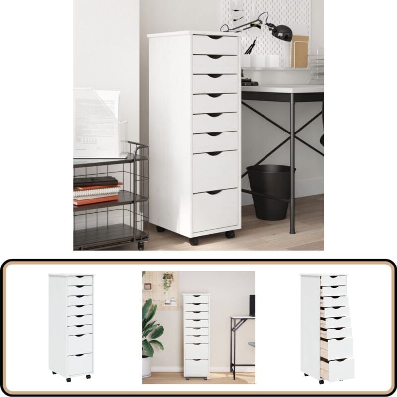 Armoire roulante avec tiroirs moss blanc bois de pin solide - Meuble Roulant - Commode - Classement - Rangement - Tiroir