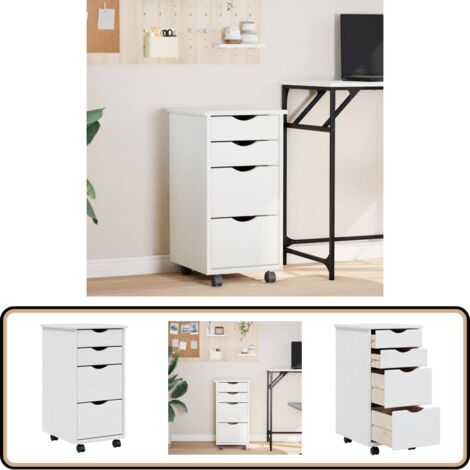 Armoire roulante avec tiroirs MOSS blanc bois de pin solide - Meuble Roulant - Commode - Classement - Rangement - Tiroir
