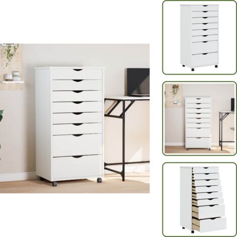 Armoire roulante avec tiroirs MOSS blanc bois de pin solide - Meuble Roulant - Commode - Classement - Rangement - Tiroir