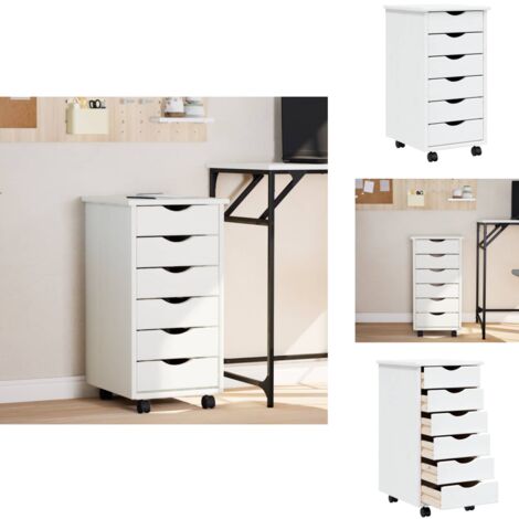 Armoire roulante avec tiroirs MOSS blanc bois de pin solide - Meuble Roulant - Commode - Classement - Rangement - Tiroir