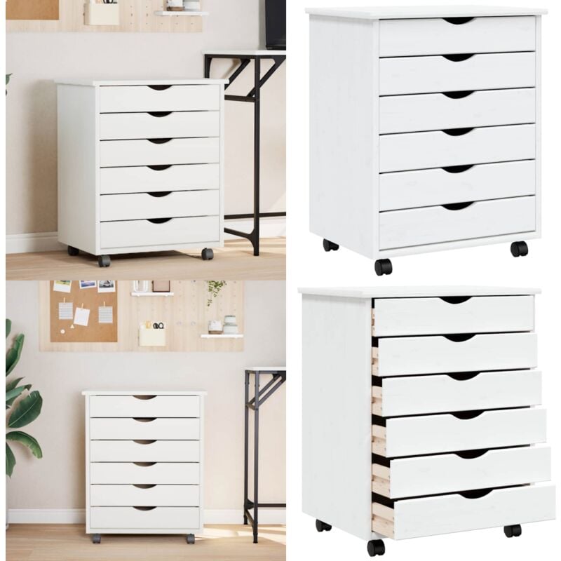 Armoire roulante avec tiroirs moss blanc bois de pin solide - Meuble Roulant - Commode - Classement - Rangement Tiroir - Bibliothèque Mobile - Home &